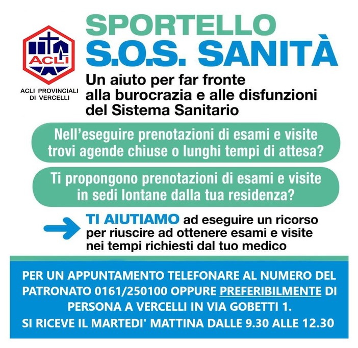 Sportello Sos Sanità attivato dalle Acli di Vercelli