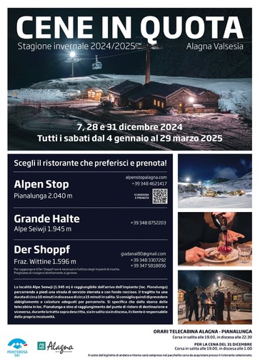 Alagna, cena in quota ai piedi del Monte Rosa: termina il 29 marzo 2025.