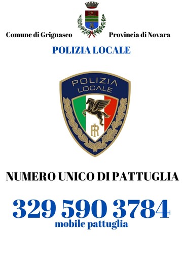 La locandina con il numero di emergenza della polizia locale di Grignasco