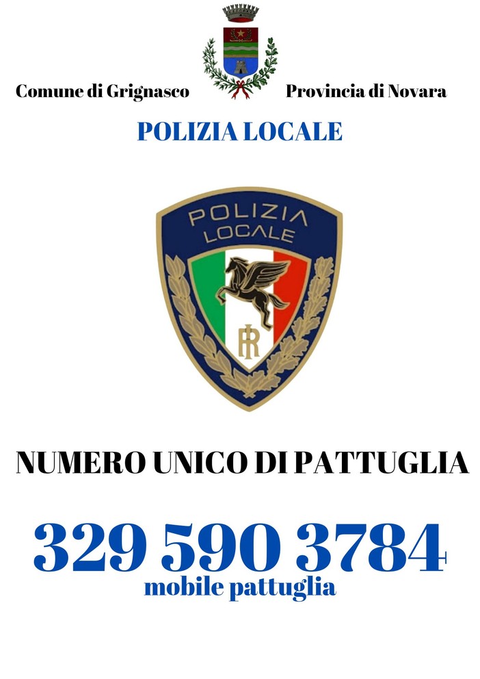 La locandina con il numero di emergenza della polizia locale di Grignasco