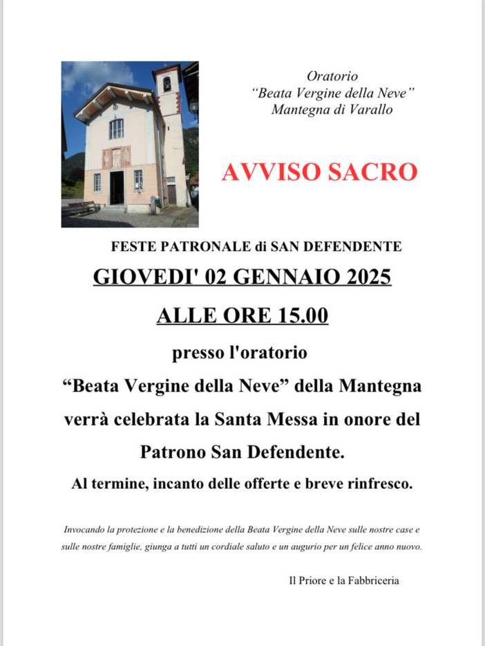 Oggi la festa patronale di San Defendente a Varallo